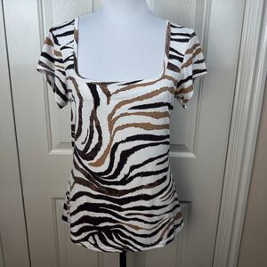 Venus  Women Top Sz M Ivory Zebra Print Square Neck Fitted Stretch Short Sleeve